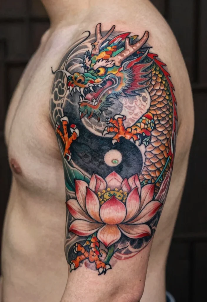 14 Yin Yang Dragon Tattoo Ideas With Balanced Power - 6. Yin Yang Dragon and Lotus 1