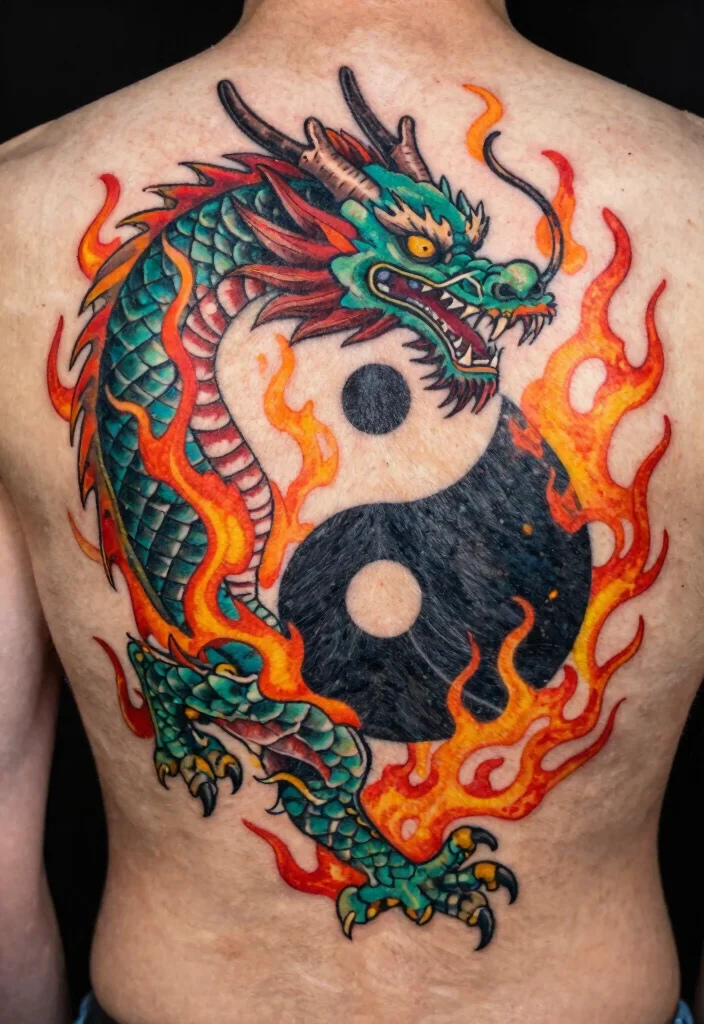 14 Yin Yang Dragon Tattoo Ideas With Balanced Power - 7. Yin Yang Dragon with Flames 1
