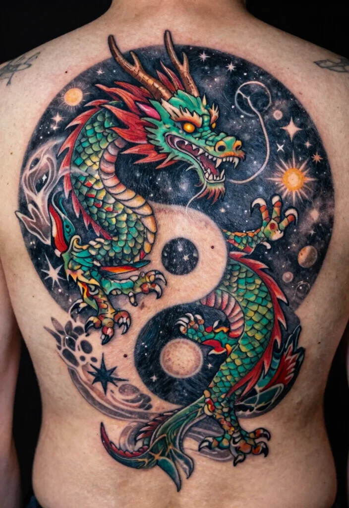 14 Yin Yang Dragon Tattoo Ideas With Balanced Power - 9. Yin Yang Dragon with Celestial Elements 1