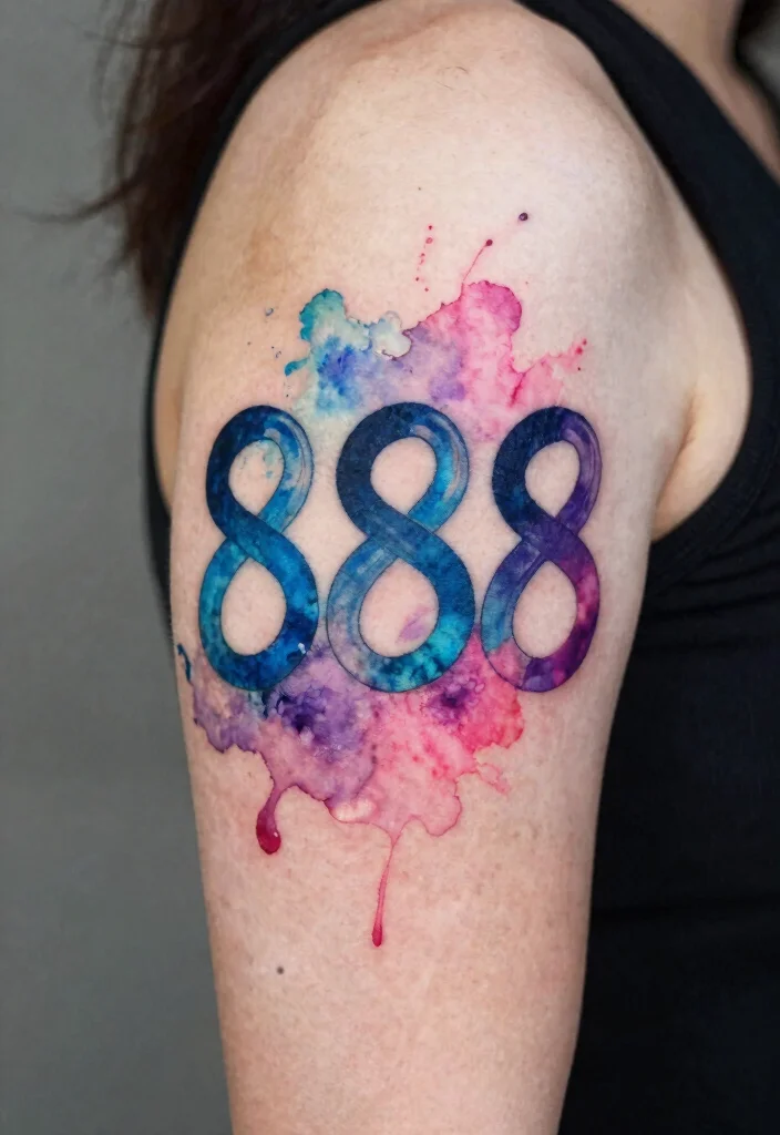 15 888 Angel Number Tattoo Ideas With Spiritual Meaning - 4. Watercolor 888 Tattoo 1