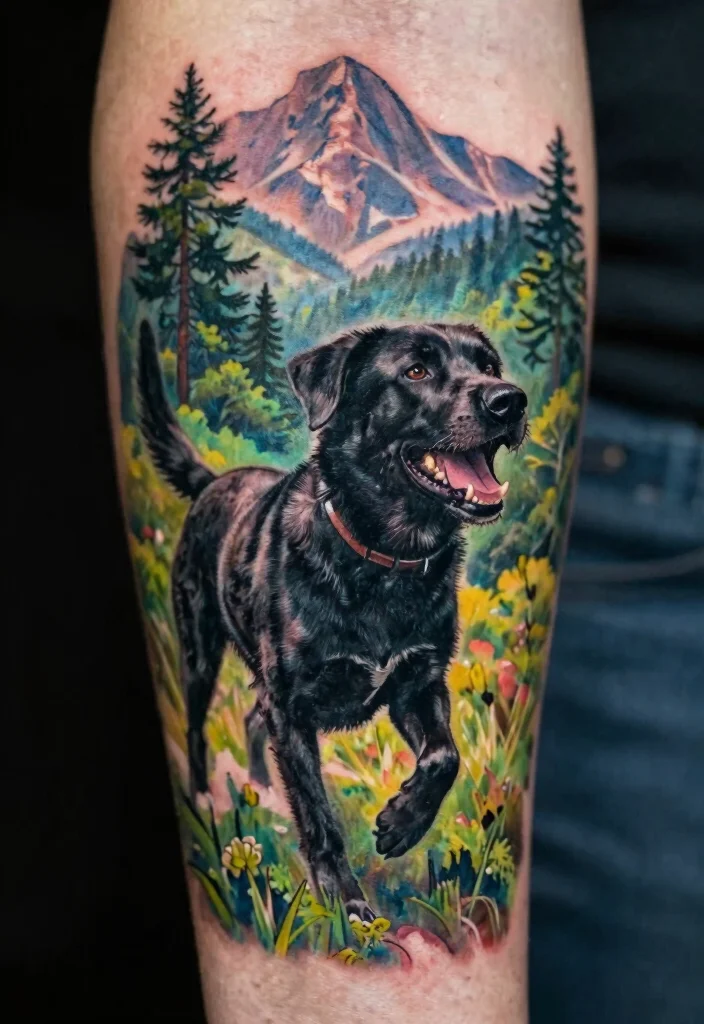 15 Black Dog Tattoo Ideas With Loyal Symbolism - 13. Dog in Nature 1