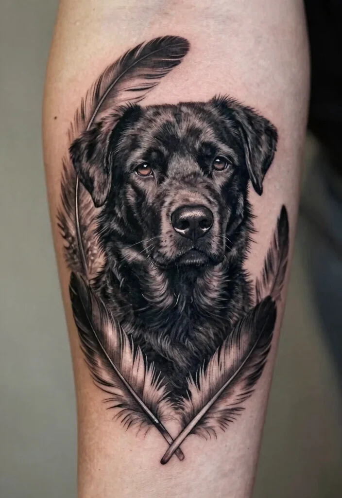15 Black Dog Tattoo Ideas With Loyal Symbolism - 14. Black Dog with Feathers 1