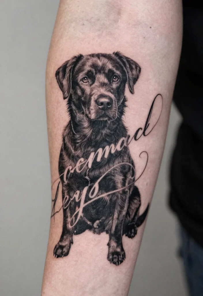 15 Black Dog Tattoo Ideas With Loyal Symbolism - 15. Black Dog with Script 1