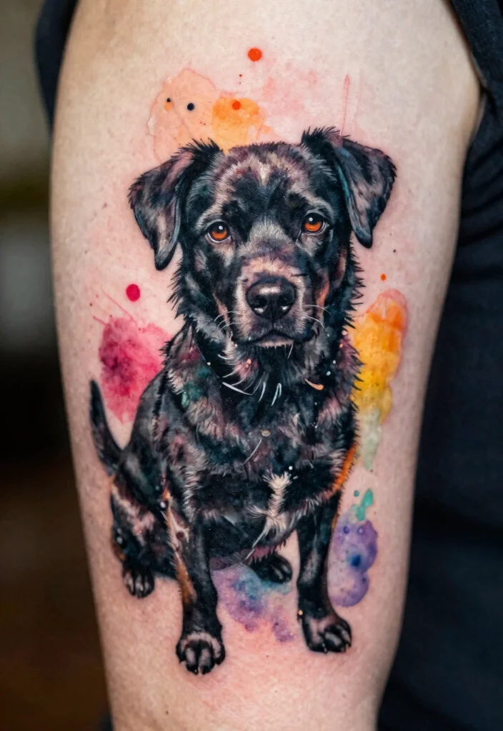 15 Black Dog Tattoo Ideas With Loyal Symbolism - 3. Watercolor Wonder 1