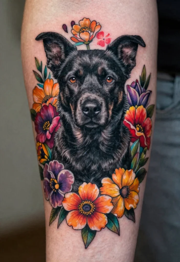15 Black Dog Tattoo Ideas With Loyal Symbolism - 7. Floral Black Dog 1