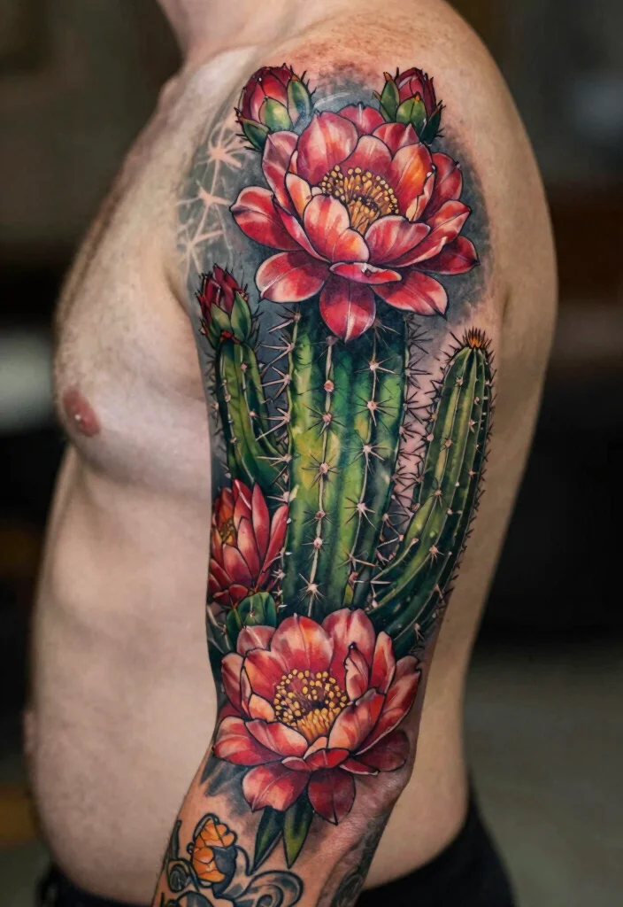 15 Cactus Flower Tattoo Ideas With Desert Charm - 1. Blooming Cactus Flower Sleeve 1