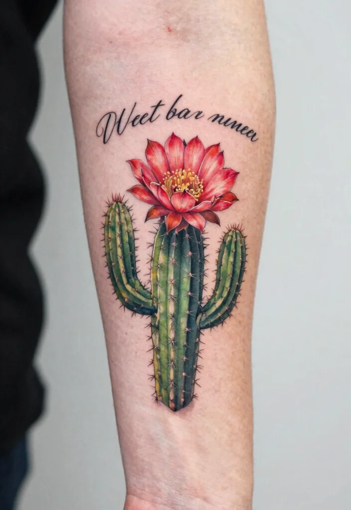 15 Cactus Flower Tattoo Ideas With Desert Charm - 10. Cactus Flower with Inspirational Quotes 1