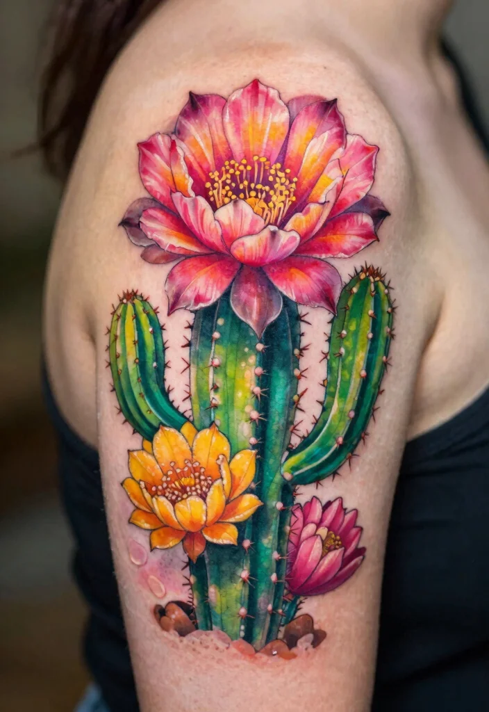 15 Cactus Flower Tattoo Ideas With Desert Charm - 11. Full-Color Cactus Flower 1