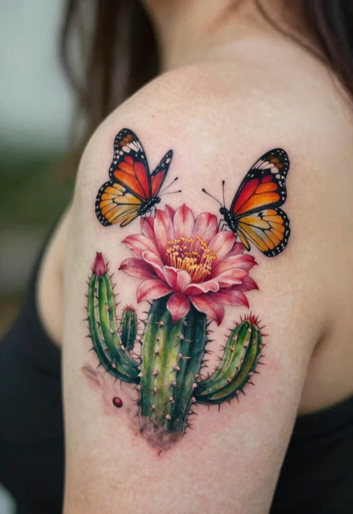 15 Cactus Flower Tattoo Ideas With Desert Charm - 13. Floral Cactus and Butterfly Tattoo 1
