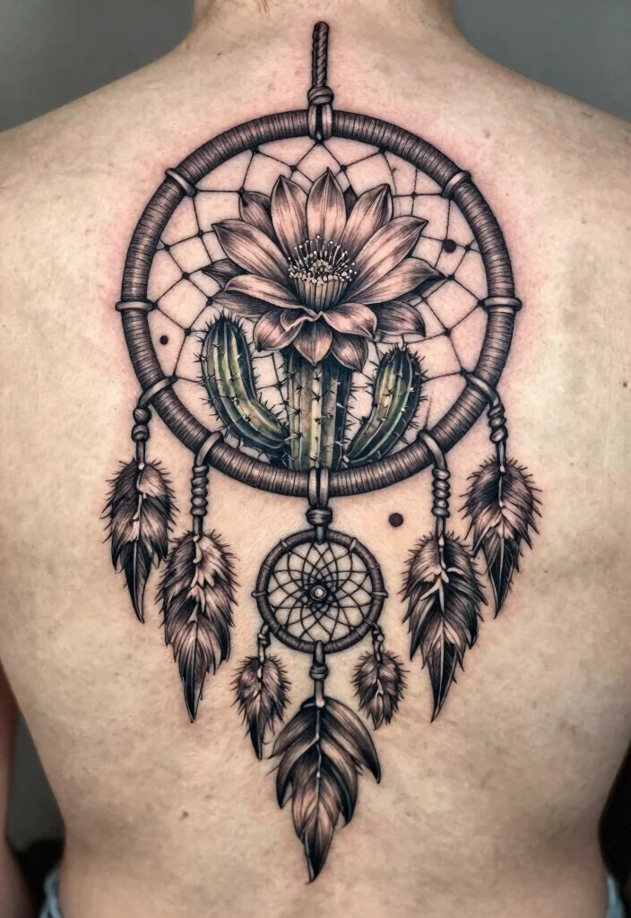 15 Cactus Flower Tattoo Ideas With Desert Charm - 14. Cactus Flower with Dreamcatcher 1