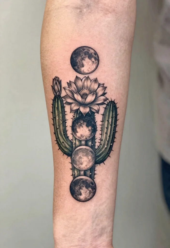 15 Cactus Flower Tattoo Ideas With Desert Charm - 15. Cactus Flower and Moon Phase Tattoo 1