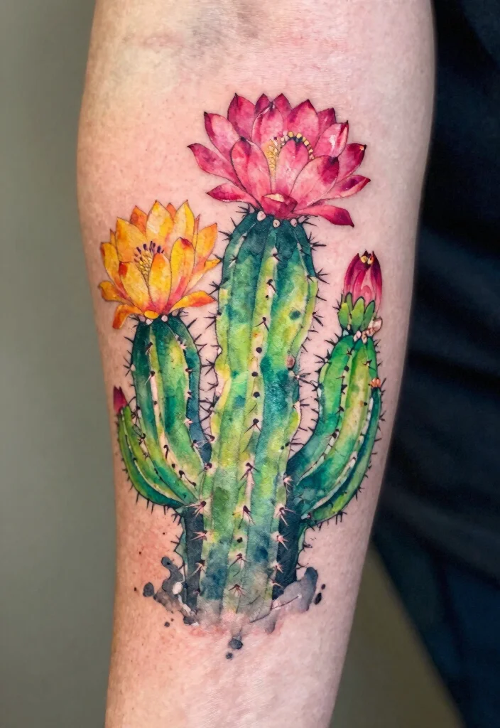 15 Cactus Flower Tattoo Ideas With Desert Charm - 3. Watercolor Cactus Florals 1