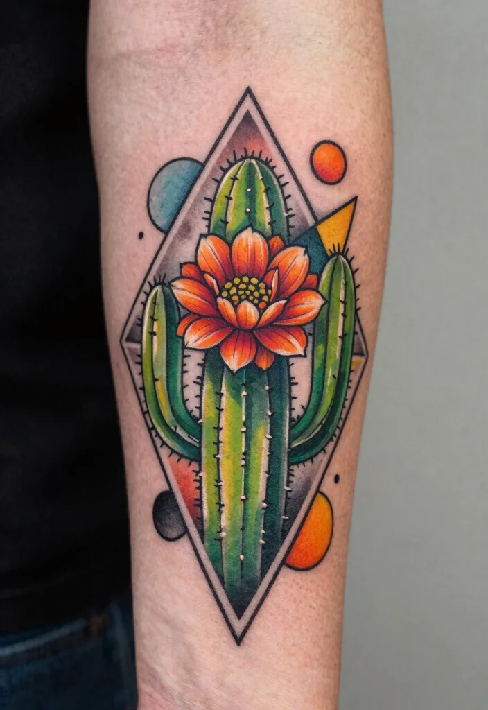15 Cactus Flower Tattoo Ideas With Desert Charm - 4. Geometric Cactus Flower Design 1