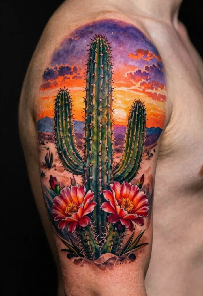 15 Cactus Flower Tattoo Ideas With Desert Charm - 5. Cactus Flower with Desert Scenery 1
