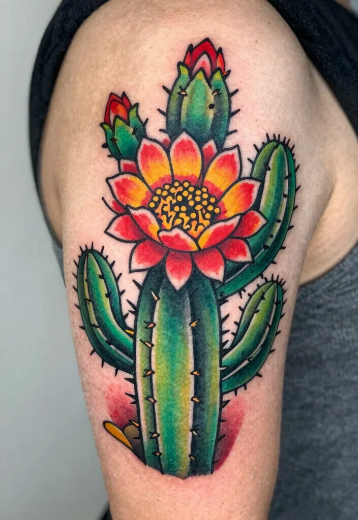 15 Cactus Flower Tattoo Ideas With Desert Charm - 7. Traditional Cactus Flower Artwork 1