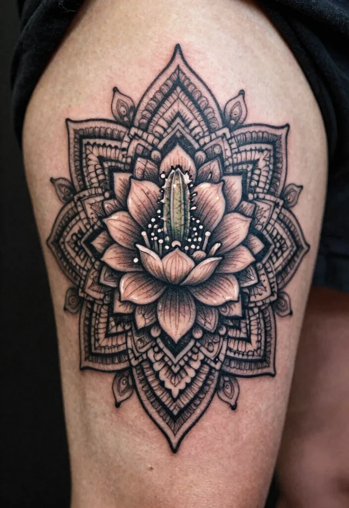 15 Cactus Flower Tattoo Ideas With Desert Charm - 8. Cactus Flower Mandala Design 1