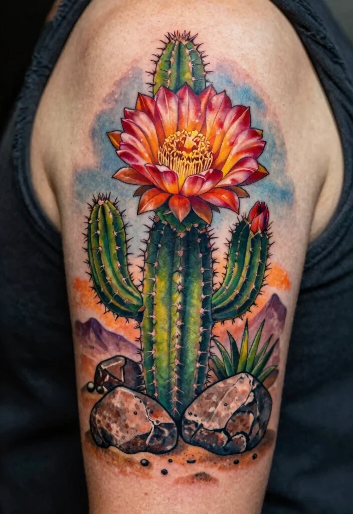 15 Cactus Flower Tattoo Ideas With Desert Charm - 9. Cactus Flower and Nature Elements 1