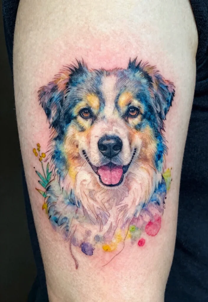 15 Dog Tattoo Memorial Ideas With Heartfelt Meaning - 10. Watercolor Dog Tattoos 1