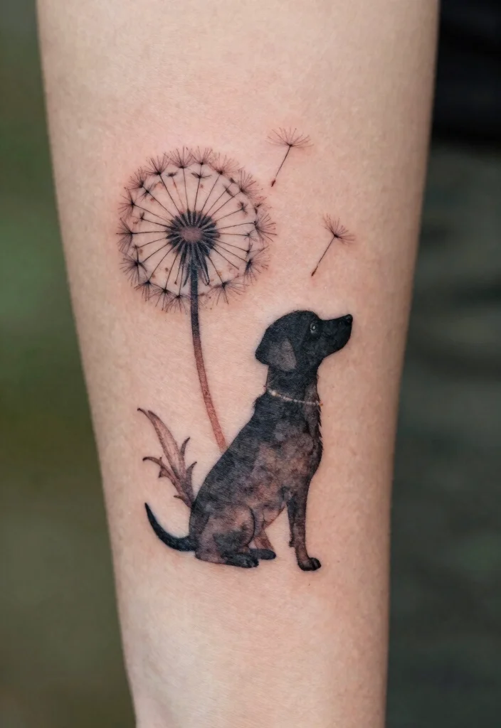 15 Dog Tattoo Memorial Ideas With Heartfelt Meaning - 8. Dandelion and Dog Design 1