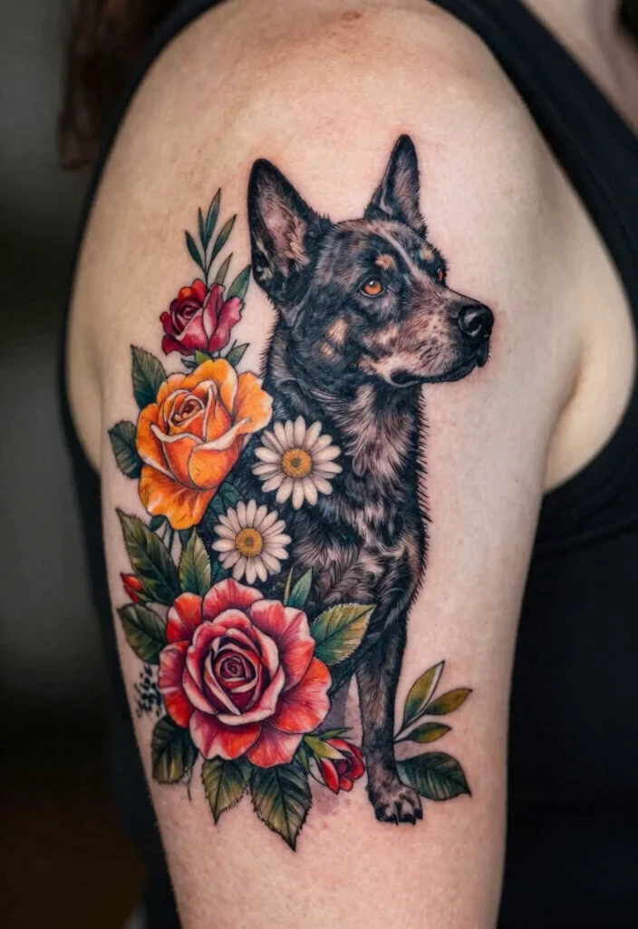 15 Dog Tattoo Memorial Ideas With Heartfelt Meaning - 9. Floral and Dog Fusion Tattoos 1