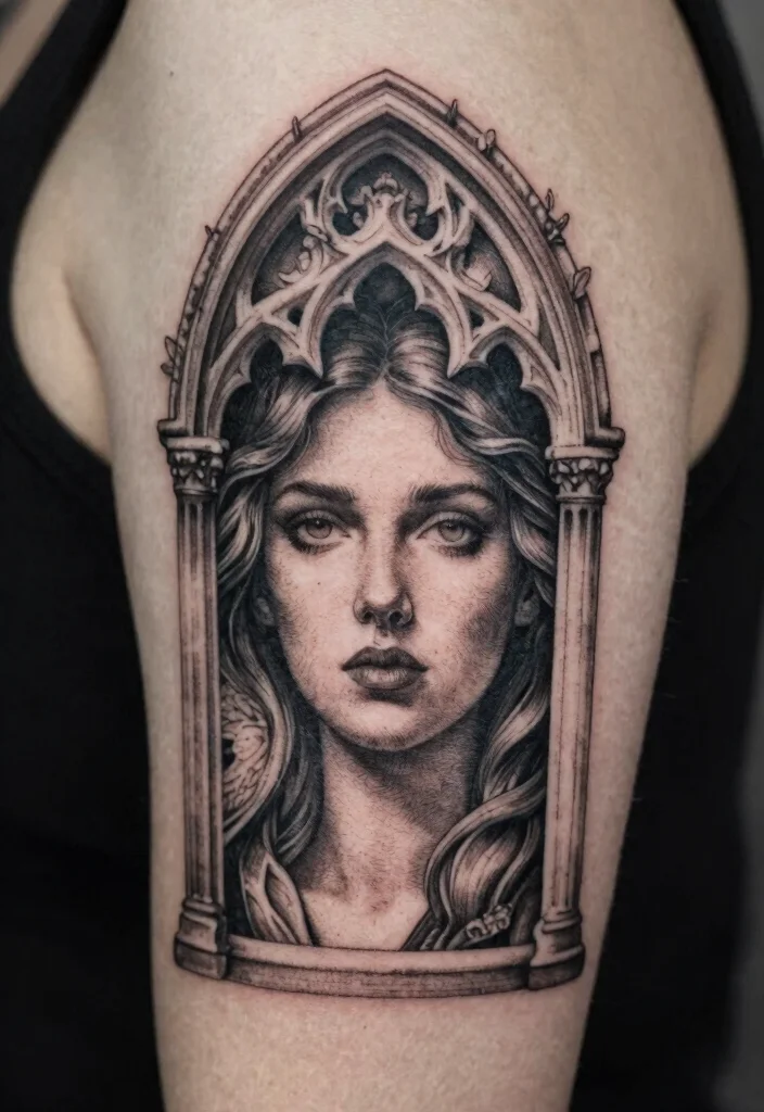15 Gothic Cathedral Tattoo Ideas With Dramatic Detail - 10. Gothic Archway Portrait 1