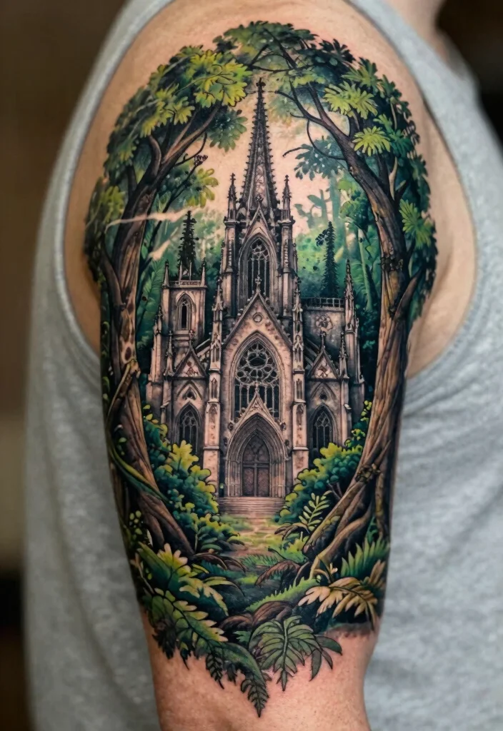 15 Gothic Cathedral Tattoo Ideas With Dramatic Detail - 12. Enchanted Forest and Cathedral 1