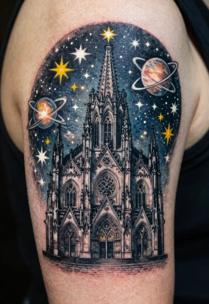15 Gothic Cathedral Tattoo Ideas With Dramatic Detail - 13. Celestial Gothic Elements 1