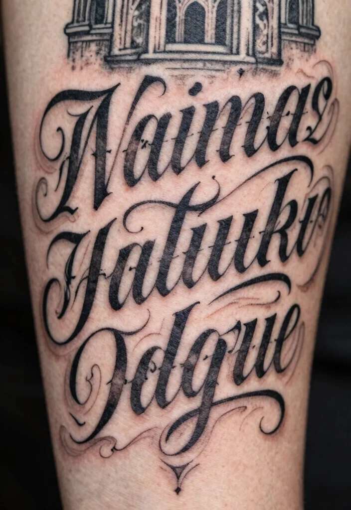15 Gothic Cathedral Tattoo Ideas With Dramatic Detail - 14. Gothic Script and Scrolls 1