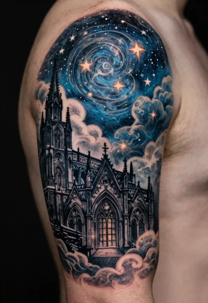 15 Gothic Cathedral Tattoo Ideas With Dramatic Detail - 15. Night Sky with Gothic Elements 1
