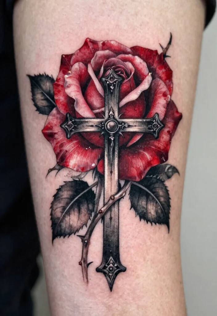 15 Gothic Cathedral Tattoo Ideas With Dramatic Detail - 3. Gothic Rose and Cross 1
