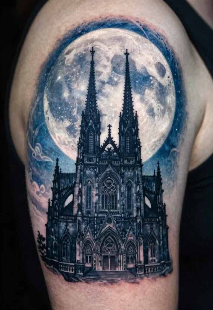15 Gothic Cathedral Tattoo Ideas With Dramatic Detail - 7. The Mystic Moon and Cathedral 1