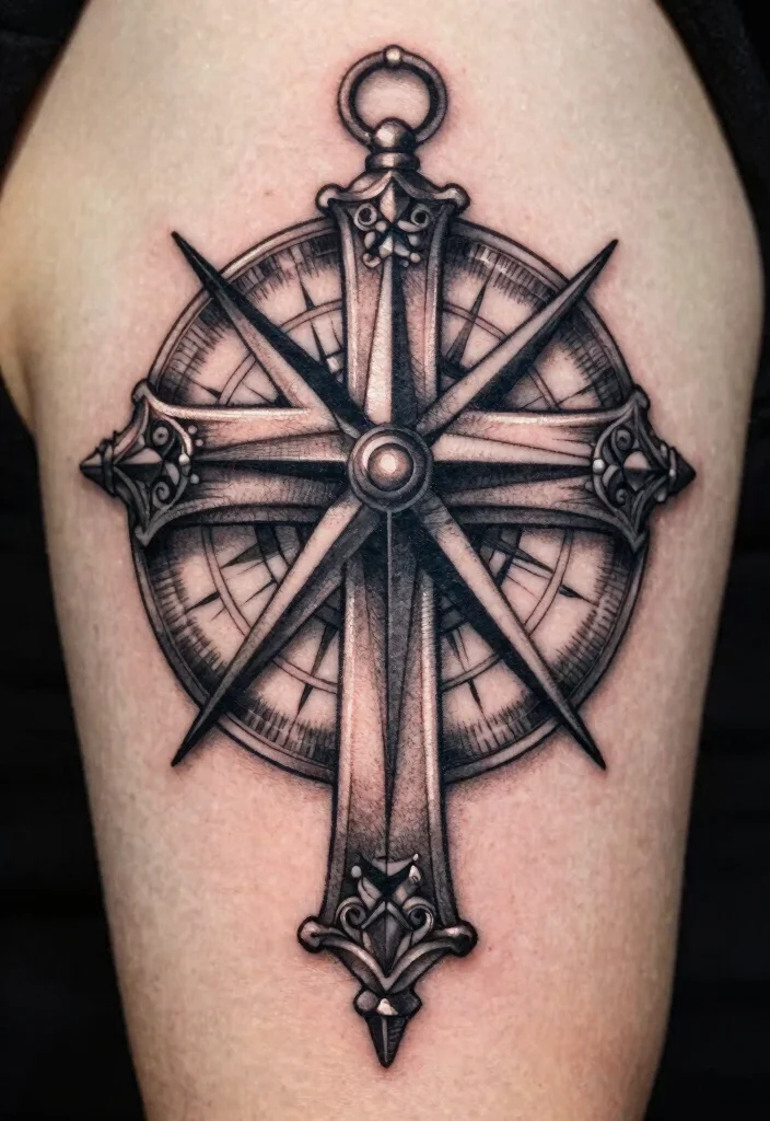 15 Gothic Cathedral Tattoo Ideas With Dramatic Detail - 9. Cross and Compass Blend 1