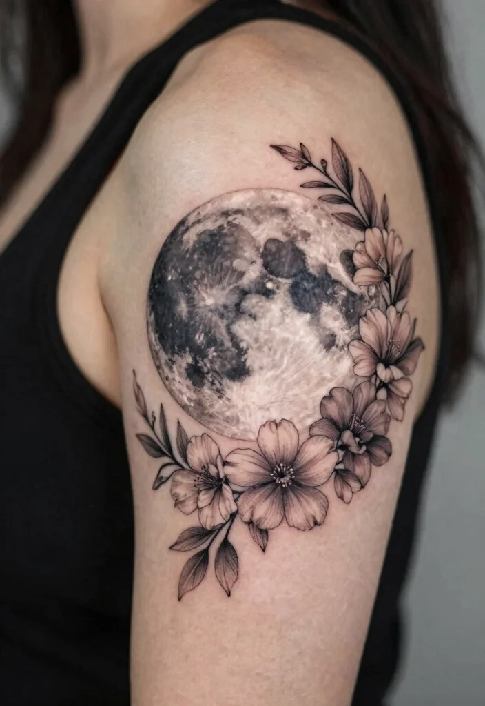 15 Moon and Star Tattoo Ideas With Celestial Charm - 10. Full Moon with Floral Elements 1