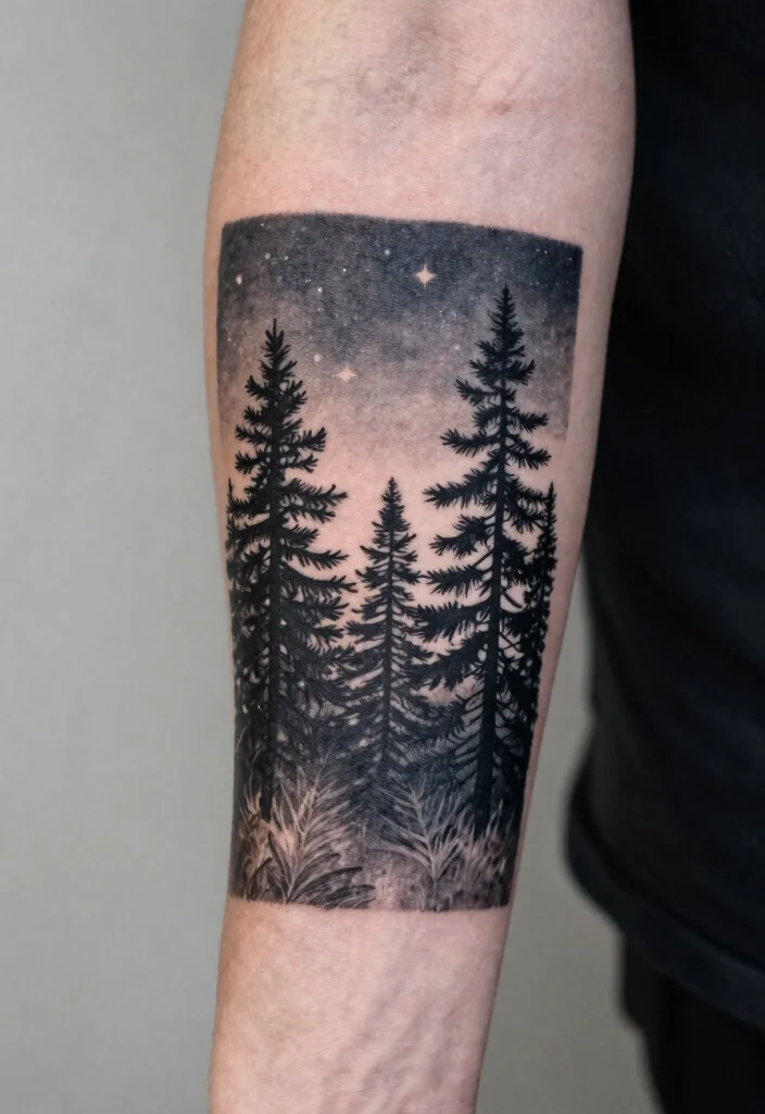 15 Moon and Star Tattoo Ideas With Celestial Charm - 11. Night Sky Scene with Silhouettes 1