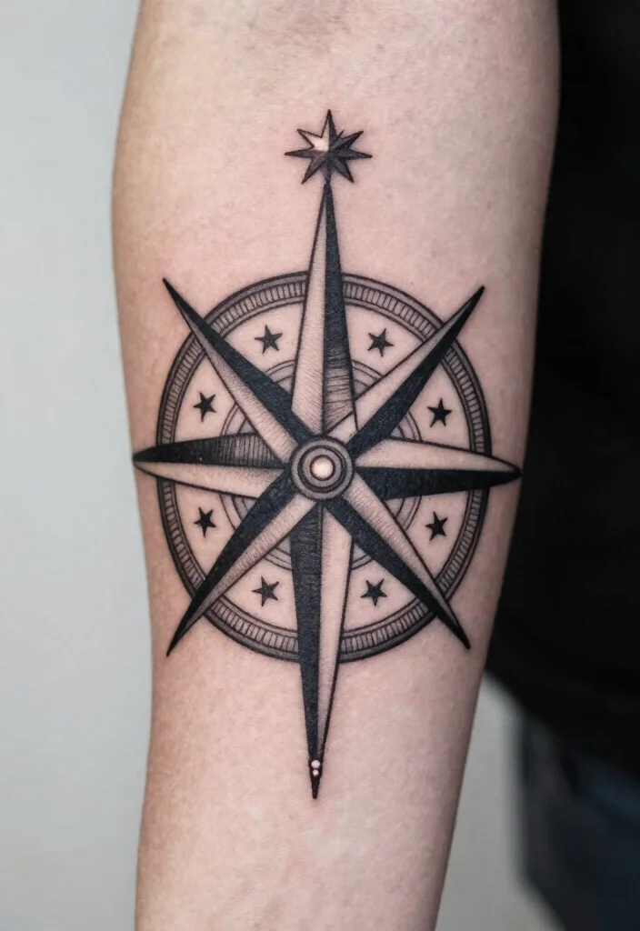 15 Moon and Star Tattoo Ideas With Celestial Charm - 12. Star Compass Tattoo 1