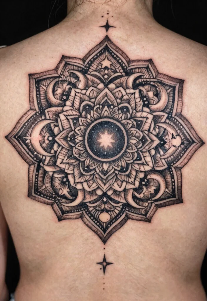 15 Moon and Star Tattoo Ideas With Celestial Charm - 13. Moons and Stars Mandala 1