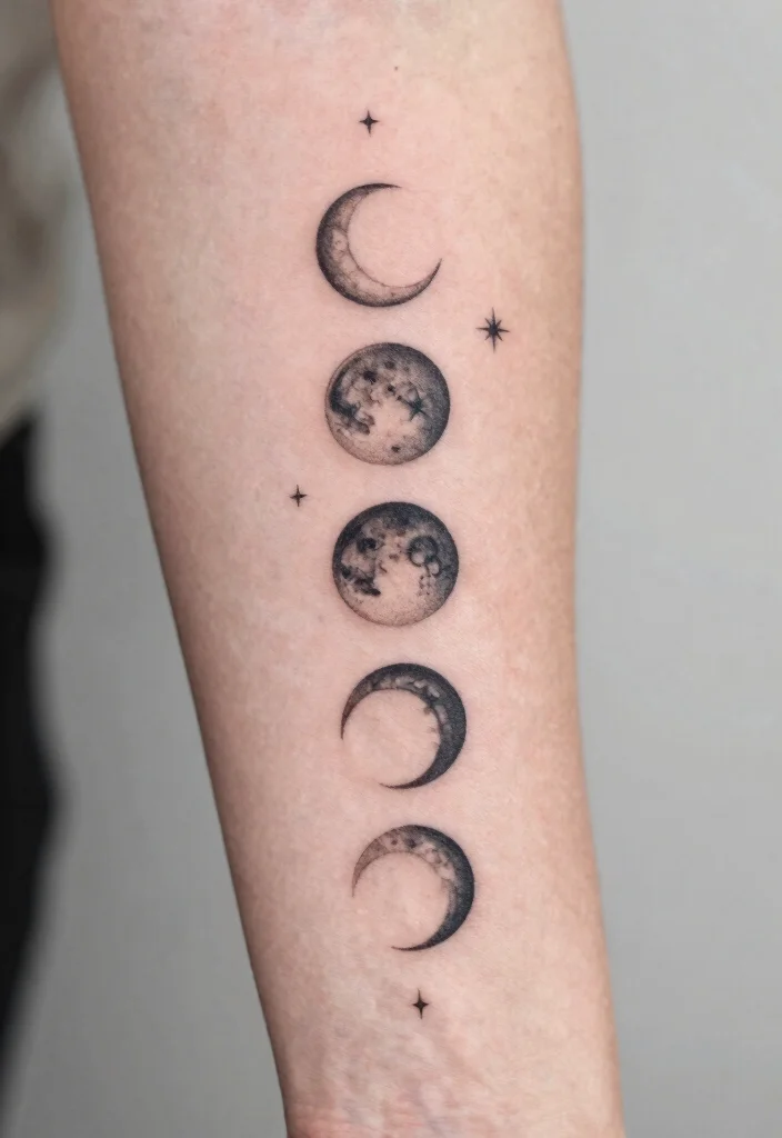 15 Moon and Star Tattoo Ideas With Celestial Charm - 2. Moon Phases with Stars 1
