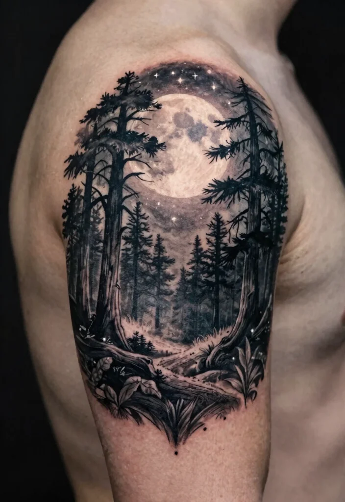 15 Moon and Star Tattoo Ideas With Celestial Charm - 6. Moonlit Forest Scene 1