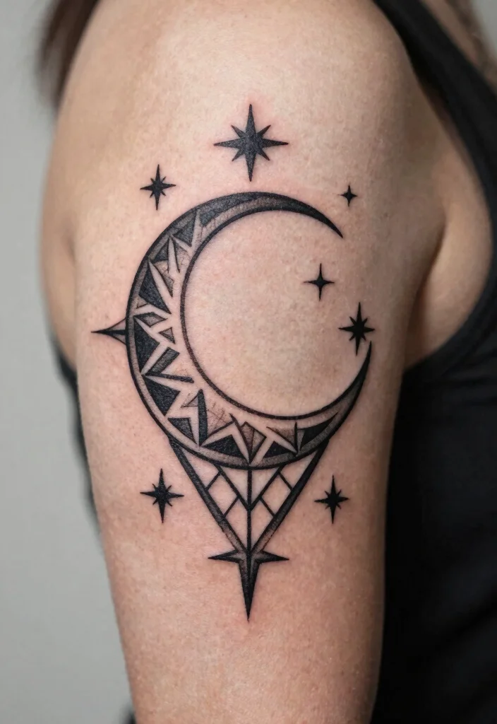 15 Moon and Star Tattoo Ideas With Celestial Charm - 7. Geometric Moon and Stars 1