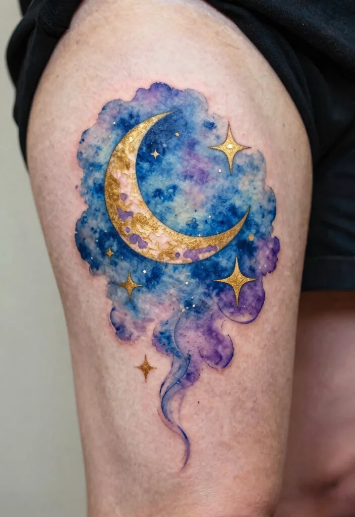 15 Moon and Star Tattoo Ideas With Celestial Charm - 8. Watercolor Moon and Stars 1