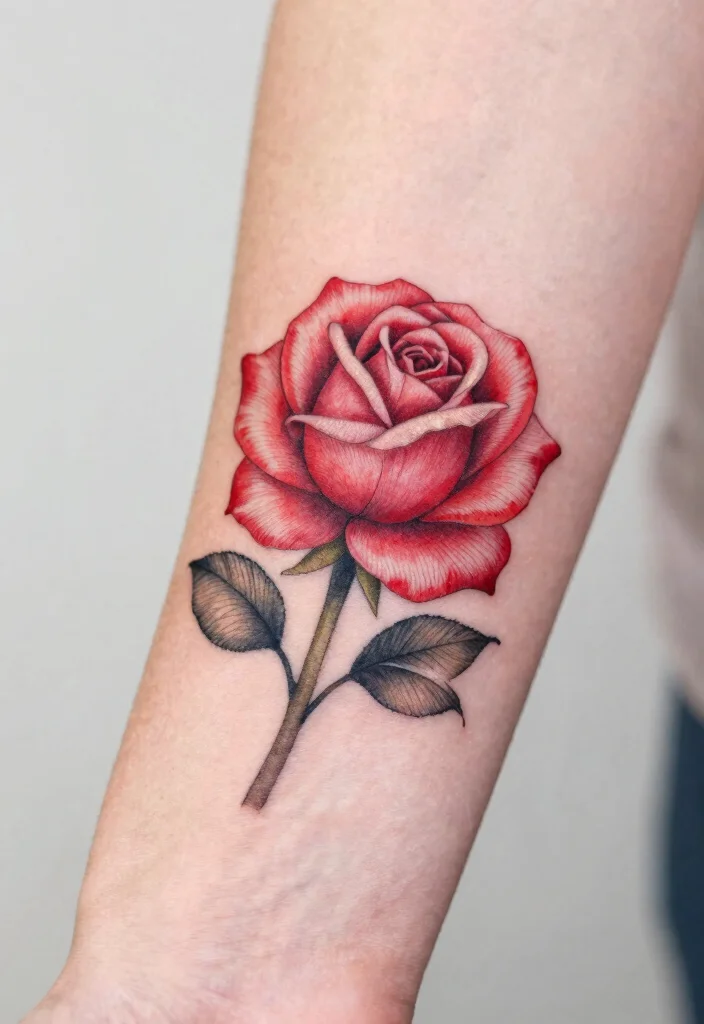 15 Red Ink Flower Tattoo Ideas That Pop Boldly - 1. Dainty Red Rose 1