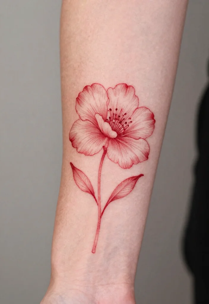 15 Red Ink Flower Tattoo Ideas That Pop Boldly - 10. Continuous Line Flower 1