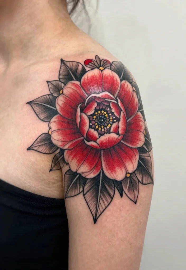 15 Red Ink Flower Tattoo Ideas That Pop Boldly - 11. Geometric Floral 1