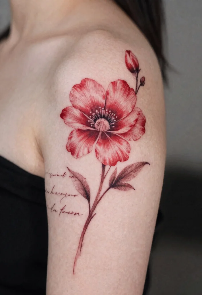 15 Red Ink Flower Tattoo Ideas That Pop Boldly - 13. Flower with Quote 1