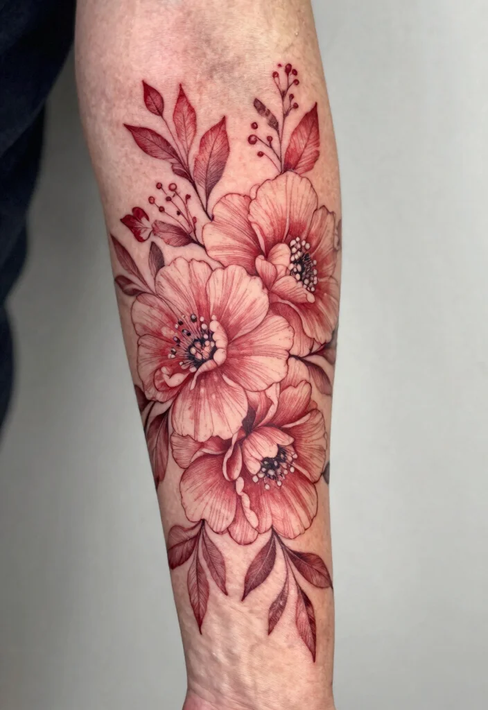 15 Red Ink Flower Tattoo Ideas That Pop Boldly - 14. Floral Sleeve 1