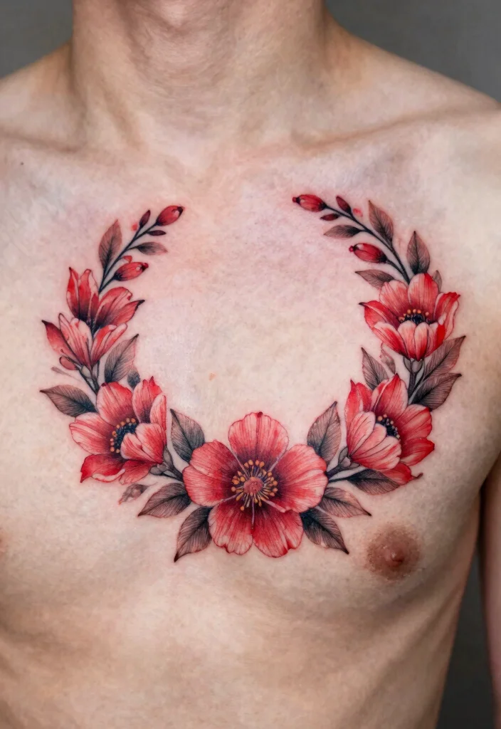 15 Red Ink Flower Tattoo Ideas That Pop Boldly - 15. Red Floral Wreath 1