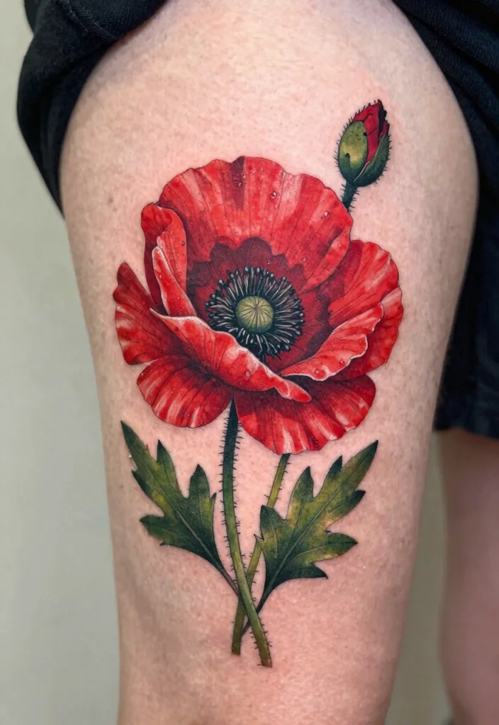 15 Red Ink Flower Tattoo Ideas That Pop Boldly - 2. Bold Poppy 1