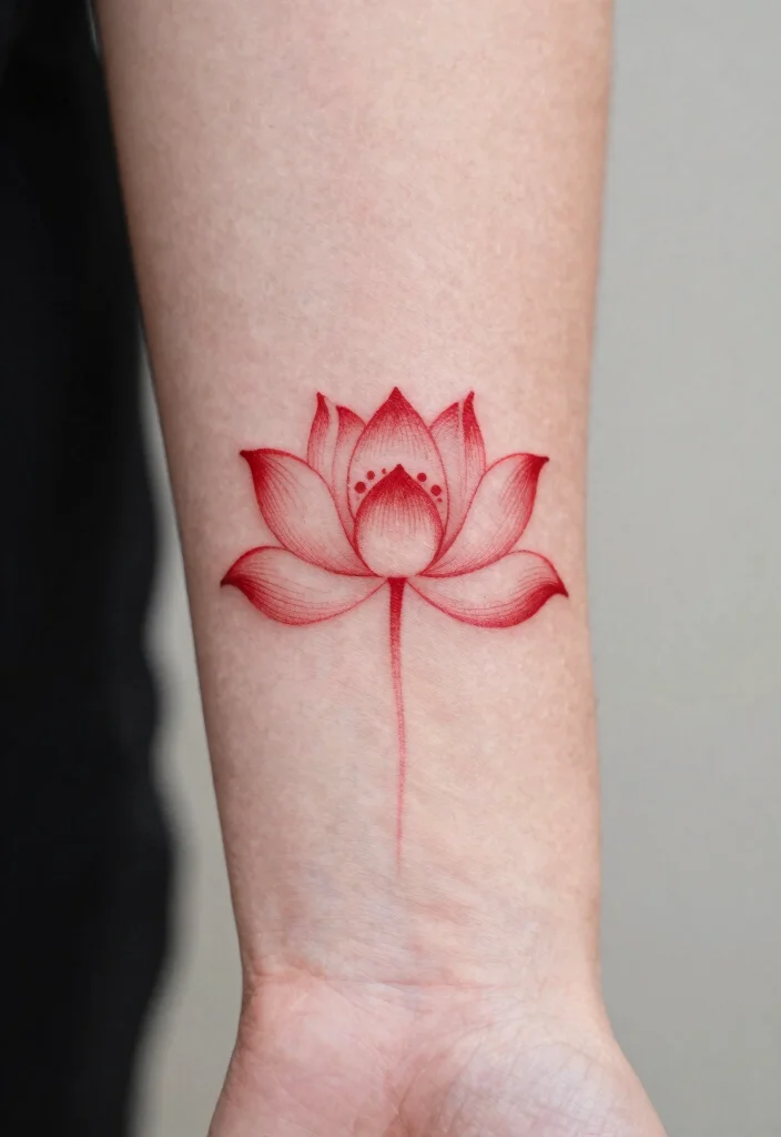 15 Red Ink Flower Tattoo Ideas That Pop Boldly - 3. Minimalist Lotus 1