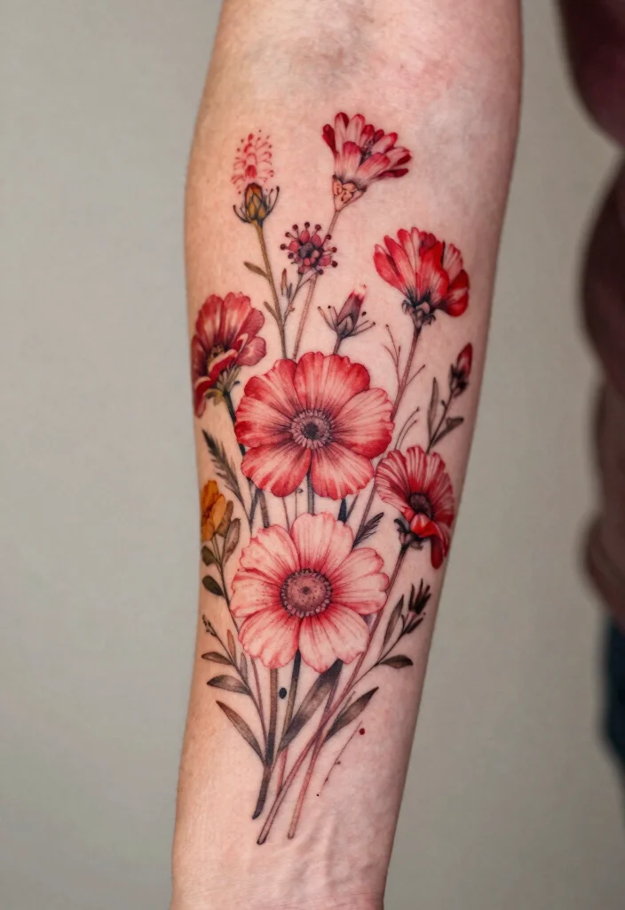15 Red Ink Flower Tattoo Ideas That Pop Boldly - 6. Wildflower Collection 1