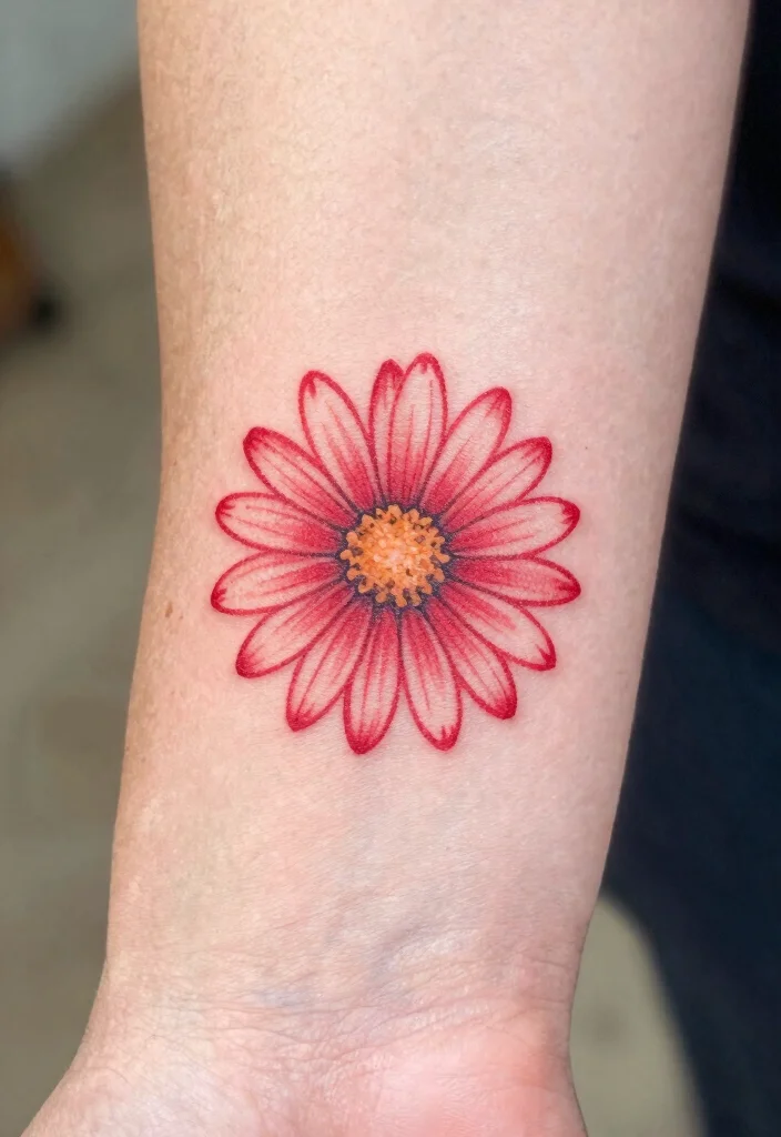 15 Red Ink Flower Tattoo Ideas That Pop Boldly - 7. Simple Daisy 1